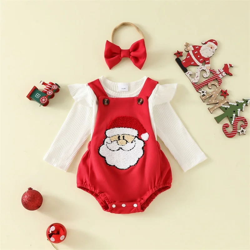 

Baby Girl Christmas Outfits Solid Color Romper Santa Embroidery Suspender Shorts Headband 3Pcs Fall Clothes Set