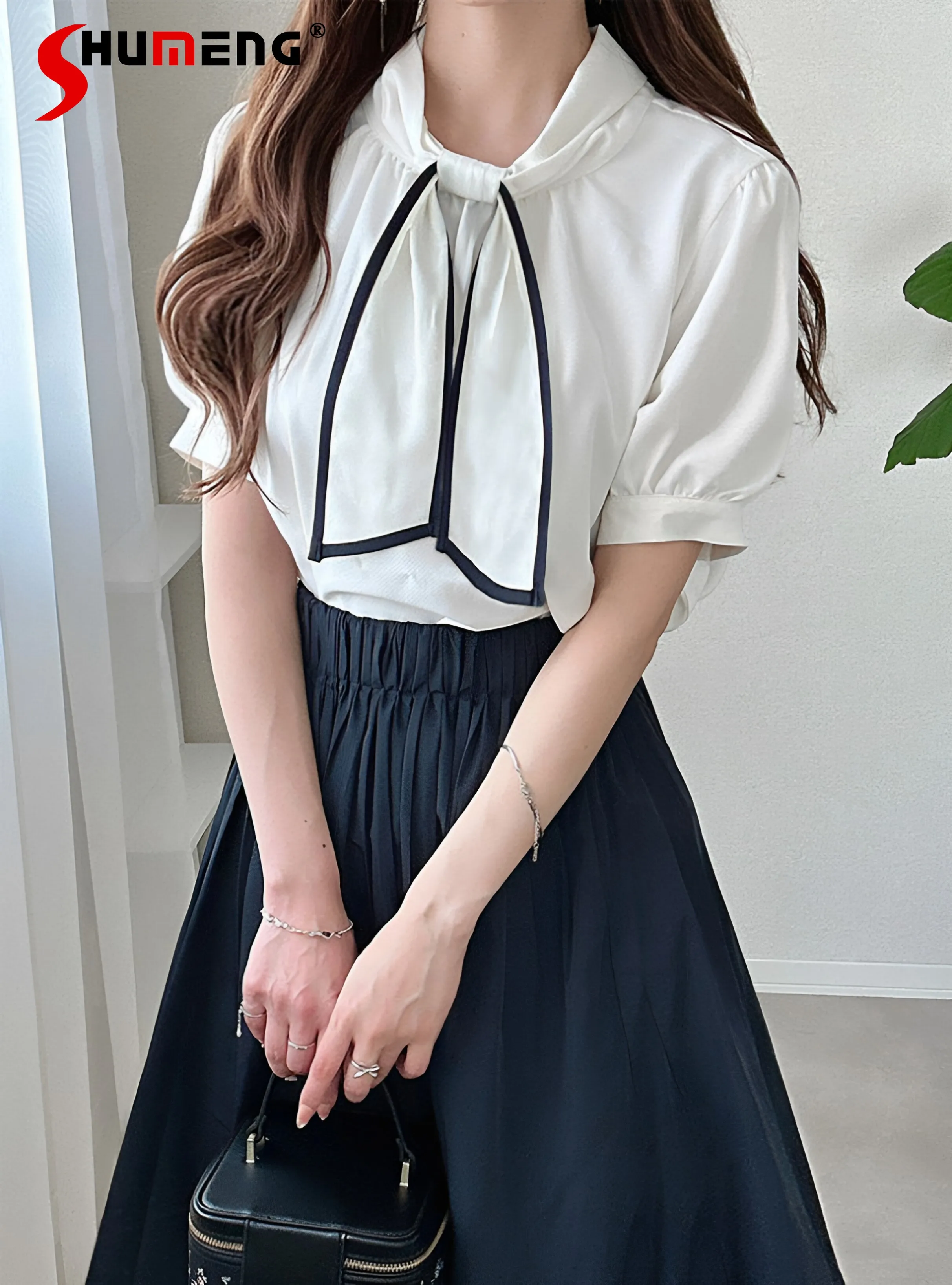 

GRL Japanese Sweet Solid Color Versatile Casual Shirt Bow Stand Collar Puff Sleeve Elegant Commuter Blouse Top Women 2026 Summer
