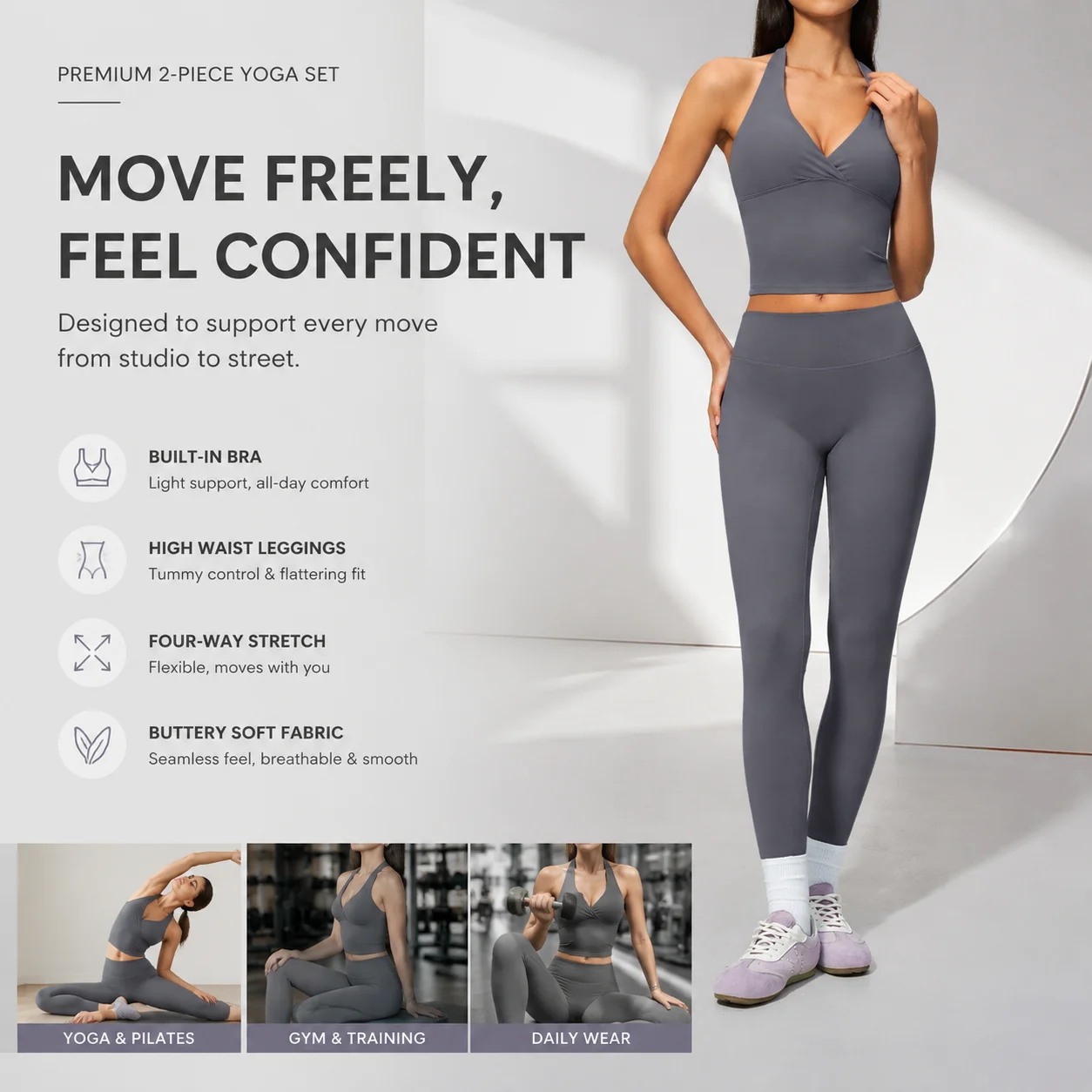 Premium Women's 2-Piece Yoga Set Halter Twist-Front Longline Tank Top and High Waist Leggings Seamless Gym Matching Outfit with