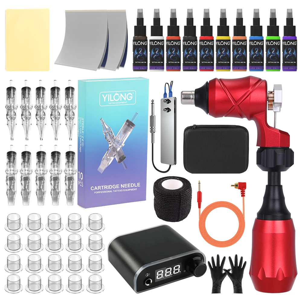 

Tattoo Kit YILONG New X Rotary Machine Kit For Permanent Makeup Complete Tattoo Machine Set with 10 Needles 10 Inks 20 Ink Cups