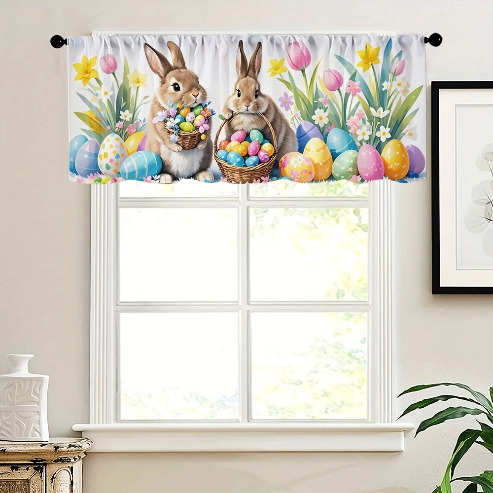 VIKAMA Easter Bunny Kitchen Window Curtain Rod Pockets Living Room Bedroom Semi-Transparent Curtains Home Party Decorations