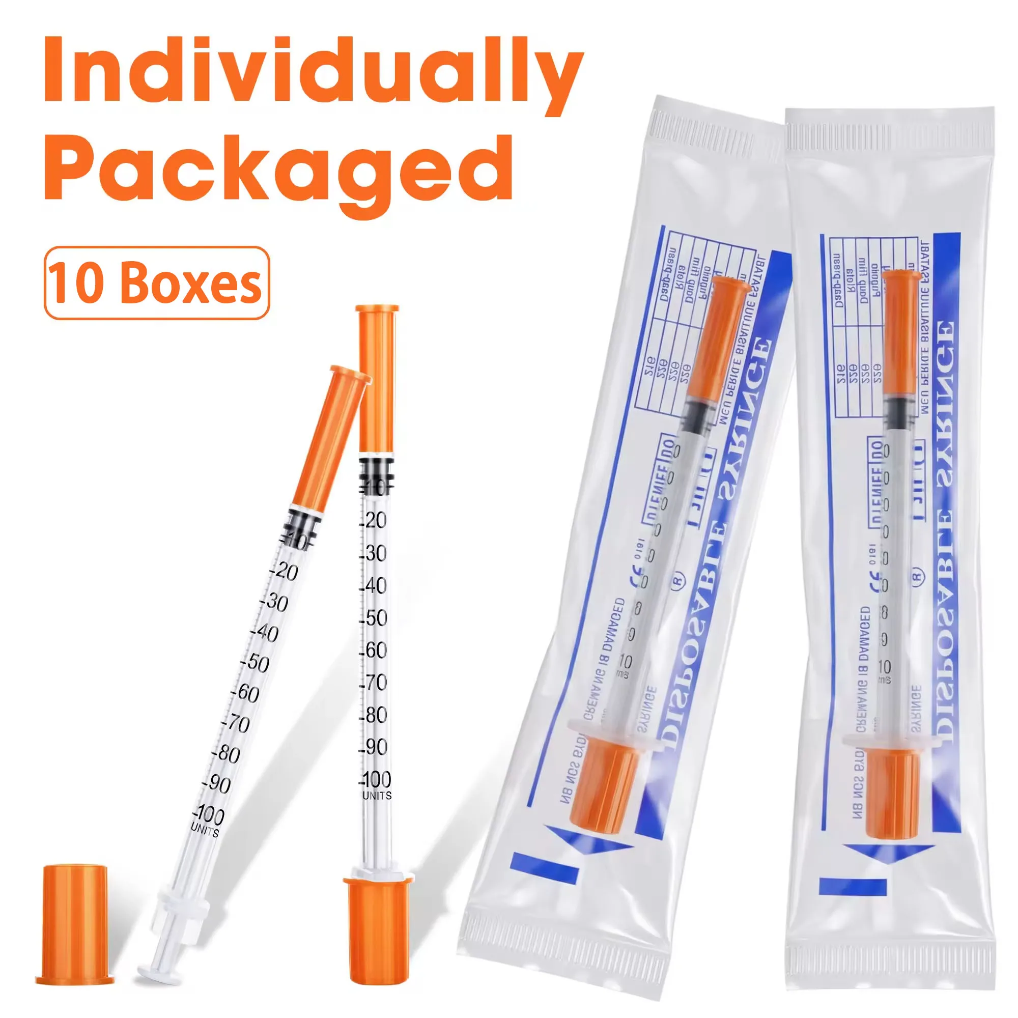 10Box Sterile Disposable Insulin Syringes 0.3/0.5/1ML Individually Packed, Hypodermic Needle Syringe for Veterinary Pet Lab Use