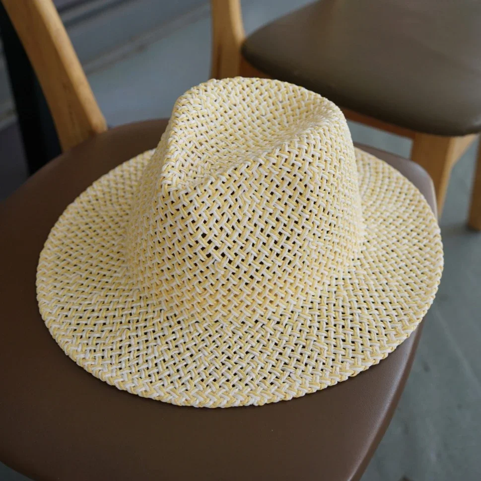 Pink Handmade Woven Papyrus Sun Hats Women Wide Brim Sun Protection Breathable Beach Cap Summer Travel
