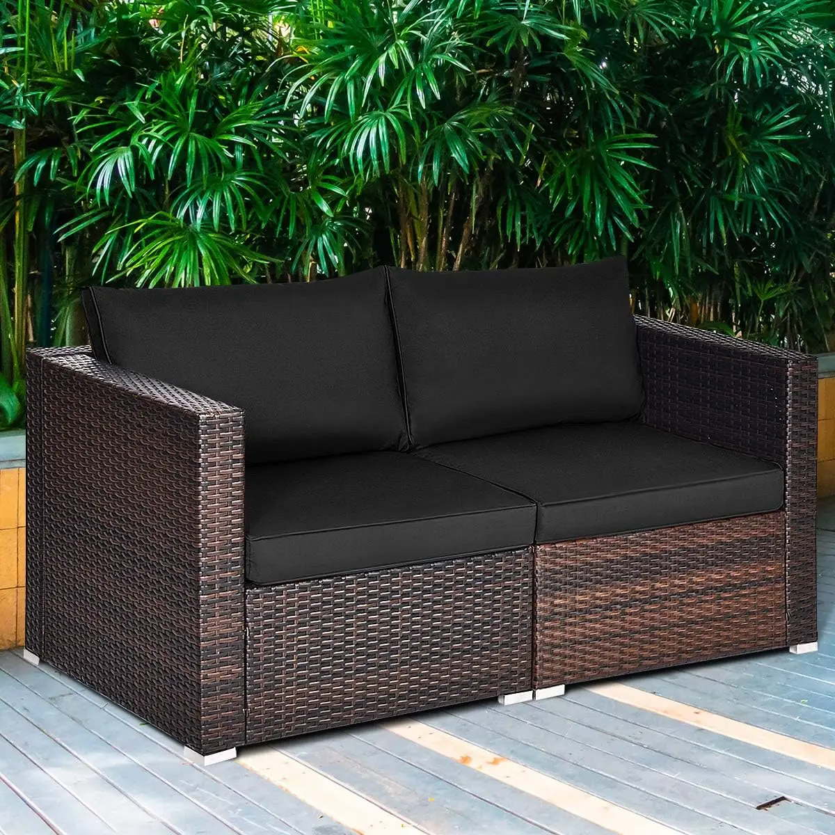 قطعتان من أريكة Wicker Loveseat، أريكة أثاث الفناء مع وسائد قابلة للإزالة، أريكة الروطان للشرفة، سطح السفينة، الحديقة، بجانب حمام السباحة
