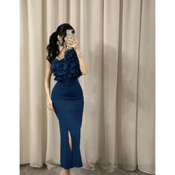 Customized Elegant One Shoulder Prom Dresses Mermaid Flower Pleat Evening Dresses Ankle-Length Formal Party Cocktail Dresses