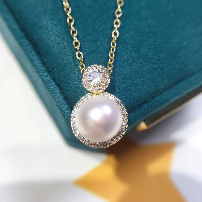 

18K Gold Plated Zircon Natural Freshwater Necklace Round Pearl Pendant