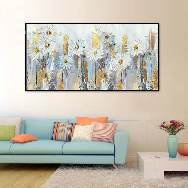 Abstract Green Beige Yellow Canvas Large Oil Painting New Handpainted Design Blue Yellow White Simple Flowers Wall Art For Decor