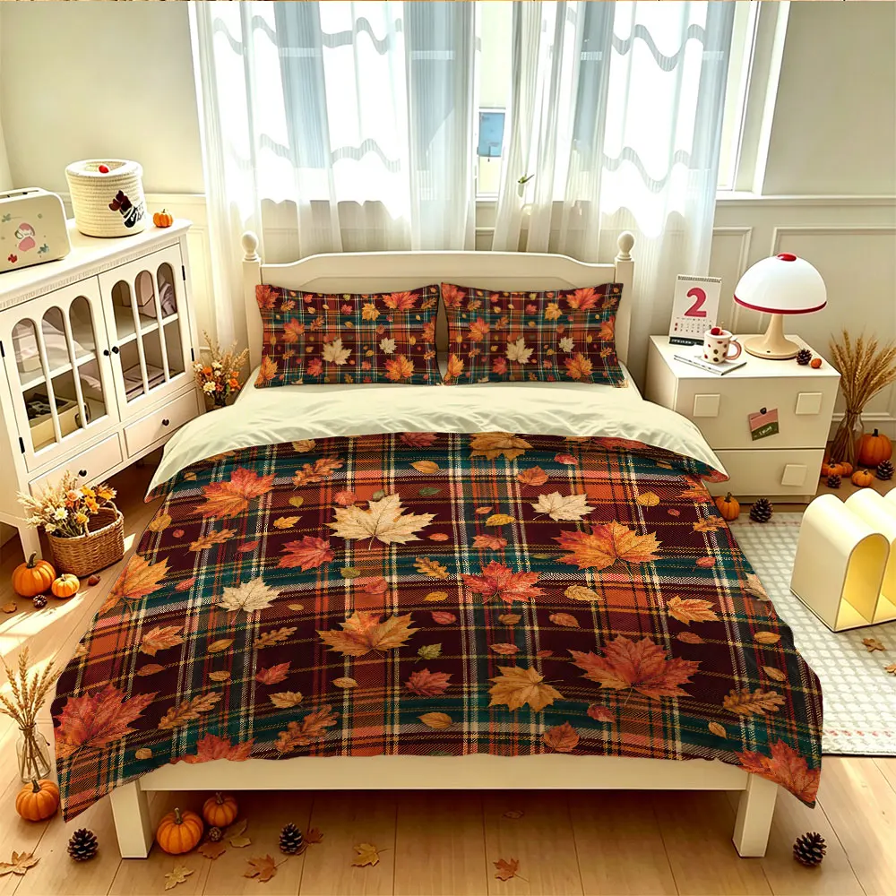 3PCS Retro Plaid Maple Leaf Duvet Cover Set Soft Comfortable No Filling 1 Duvet Cover 2 Pillowcases Bedroom Festival Decor Ma