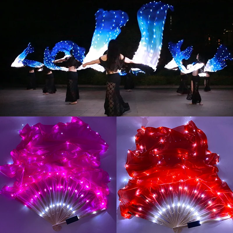 LED Long Silk Fans Veil Belly Dance Fans Veils Silk Fan LED Night Show Prop Accessories Girl Costume for Stage Performance