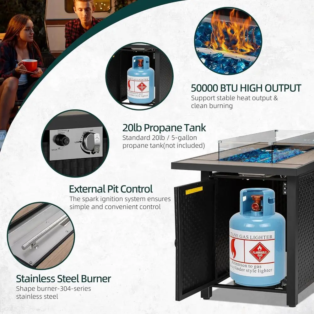 طاولة حفرة حريق غاز خارجية مقاس 45 بوصة مع البروبان وغطاء قابل للإزالة وغطاء مقاوم للماء و50000 وحدة حرارية بريطانية وصخور الحمم البركانية وإطار من الألومنيوم لـ #6