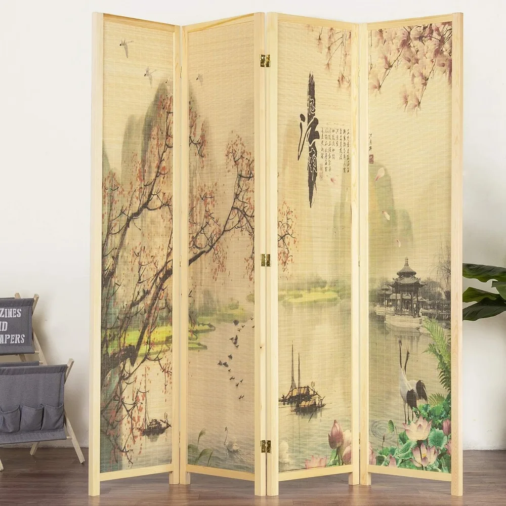 Room Dividers,4-Panel Folding Bamboo Room Divider Asian-Inspired Cherry Blossom Scene