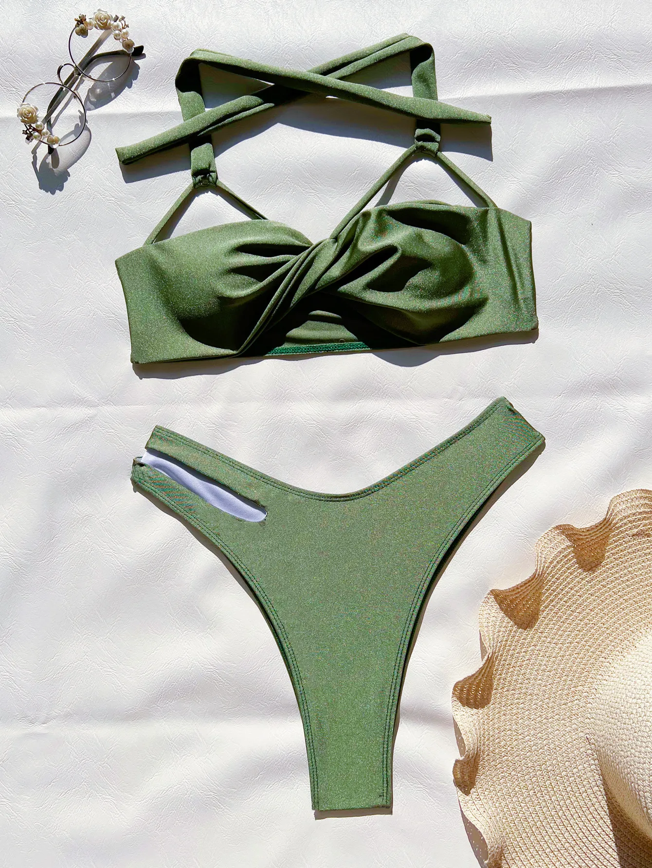 sexy green cross gillter halter bikinis sets 2024 women two pieces hollow v-waist swimsuits beachwear bathing suits swimwear