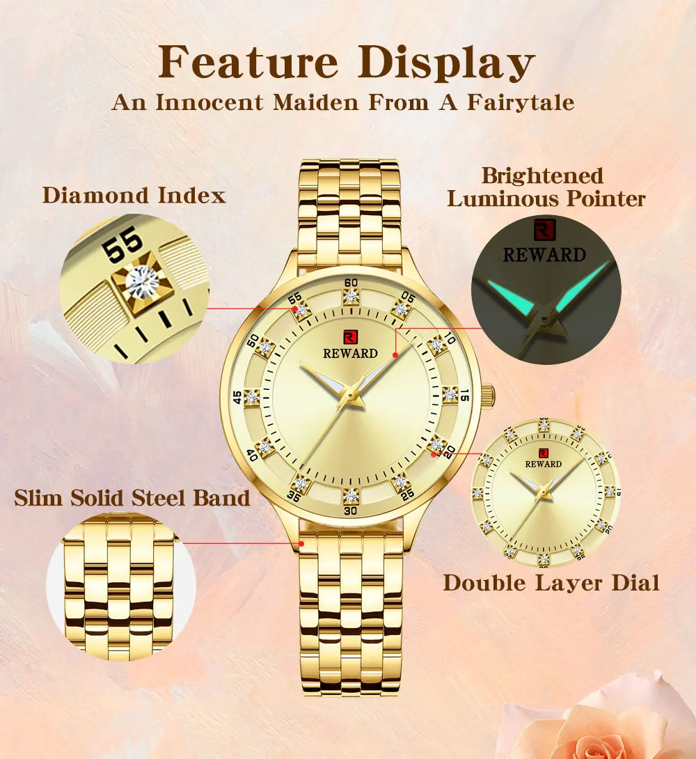 REWARD Fashion Women Watch Luxury Waterproof Quartz Wristwatches Timepiece Stainless Steel Wrist Watches for Women