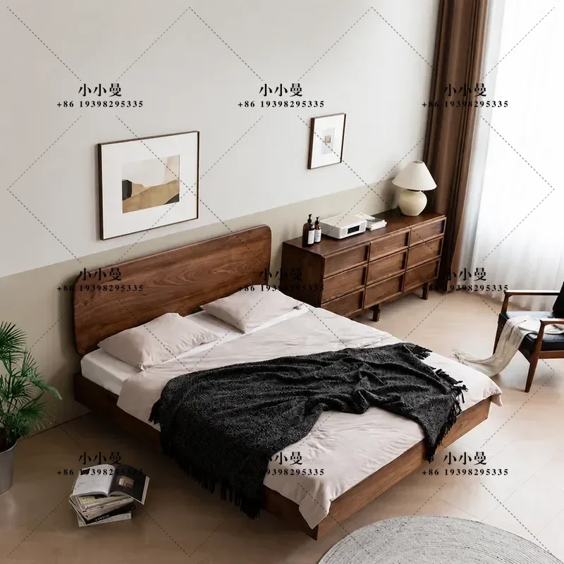 Nordic Simple Cherry Wood Black Walnut Solid Wood Floating Bed Japanese Curved Design Quiet Double Bed Frame