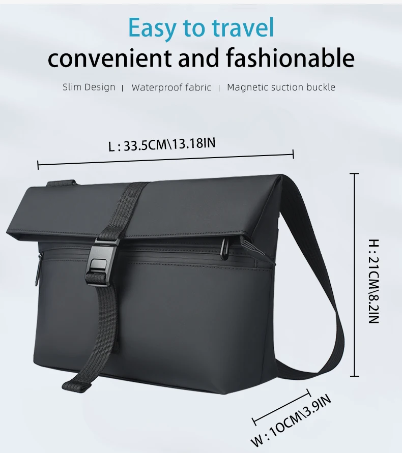 HcanKcan Umhängetasche für Herren, wasserdichte Umhängetasche, passend für 13-Zoll-Laptops, Hüfttasche, große Kapazität, Messenger-Tasche, schwarze Seitentasche – Detail 4