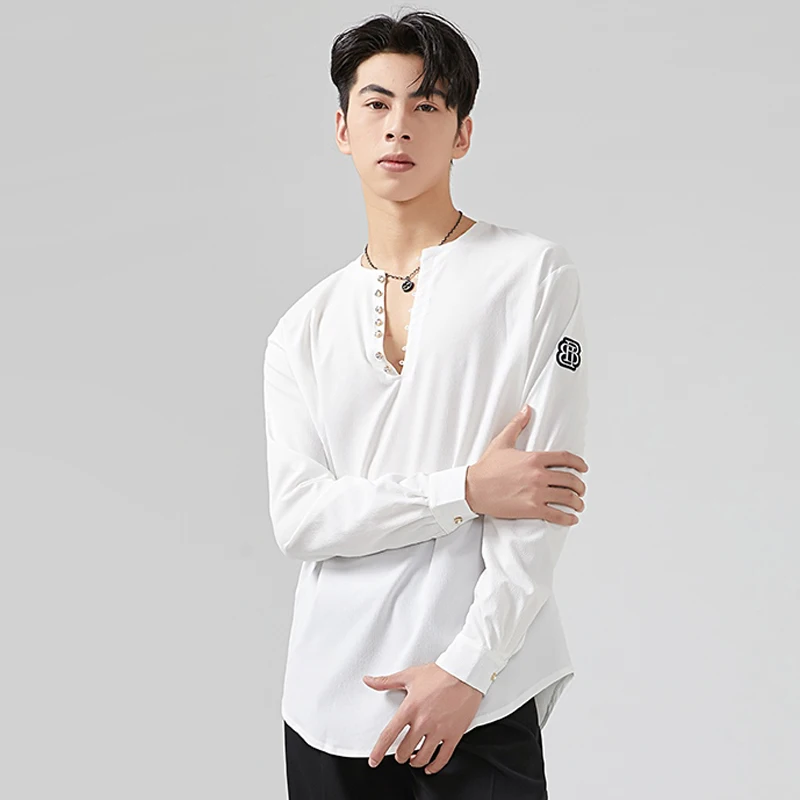 Adult Male Latin Dance Tops V Neck Long Sleeves T Shirt Men Latin Practice Clothing Rumba Cha Cha Ballroom Dance Clothes BL13066