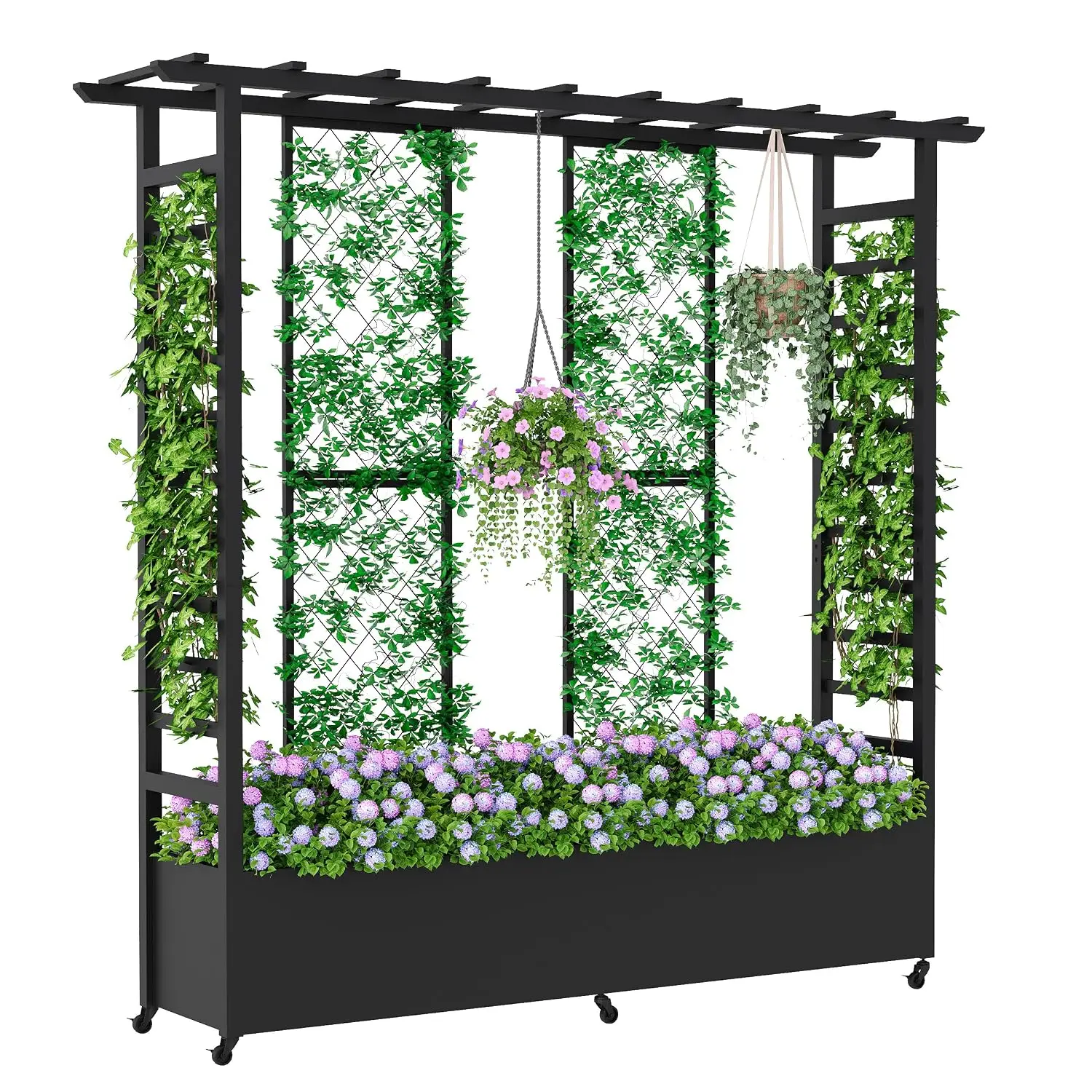 Raised Garden Bed with Trellis & Hanging Roof, Weatherproof Metal Planter Box with Wheels, Garden Arch Trellis for, Customized