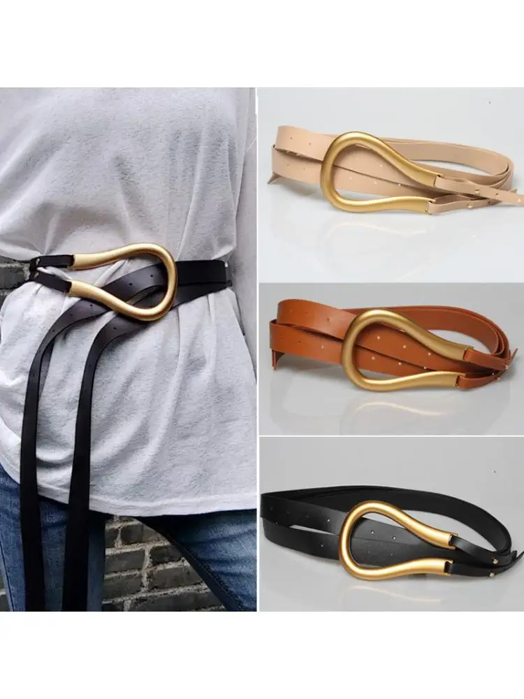 2022 New Design White Brown Belt Women Personality Eye catching Light Luxury Accessories Large Metal Buckle Super Fiber Leather