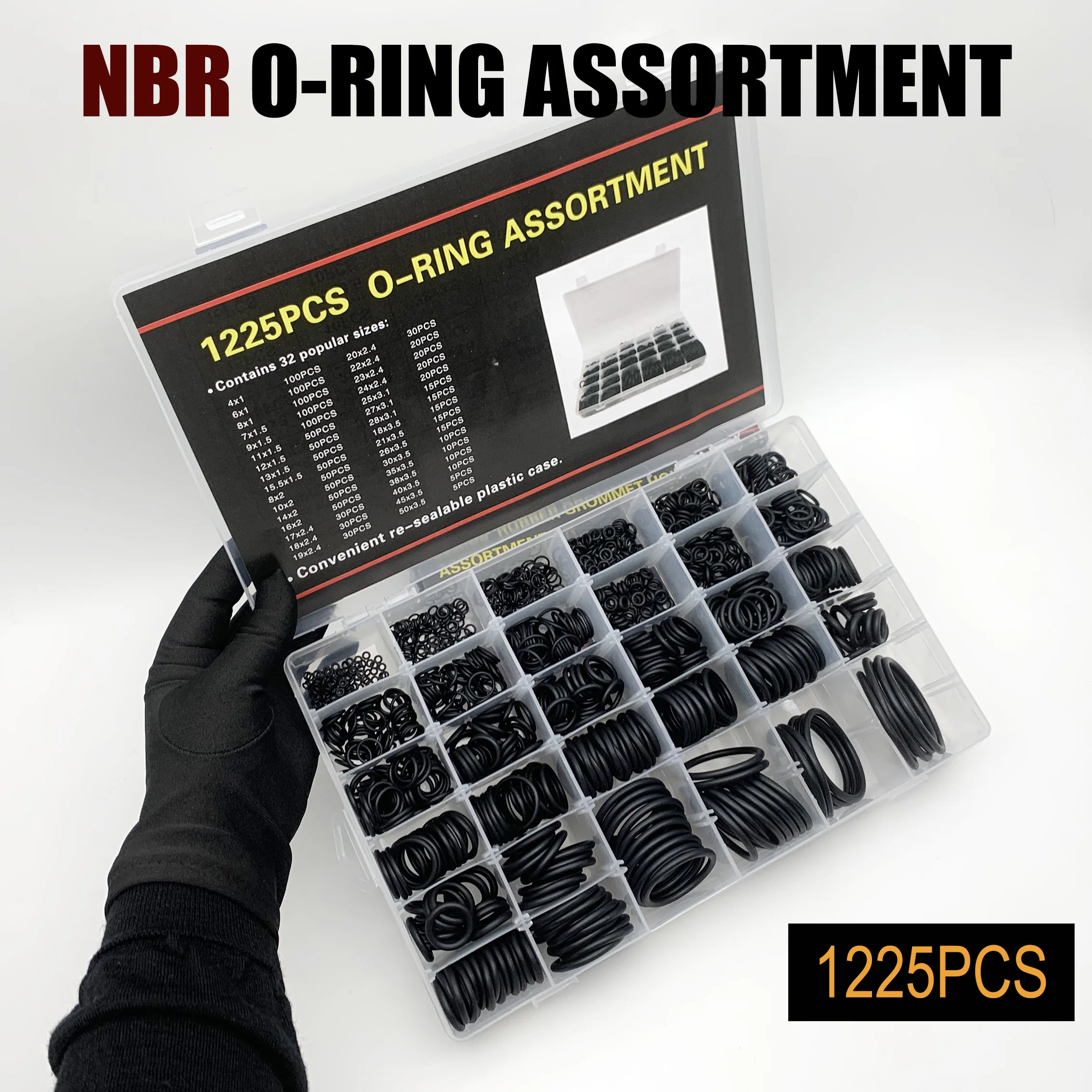 

Ассортимент черных нитриловых уплотнительных колец, 1225 шт., уплотнительные кольца NBR CS 1-3,5 мм, наружный диаметр 4–50 мм, прочный, износостойкий для промышленной и автомобильной промышленности