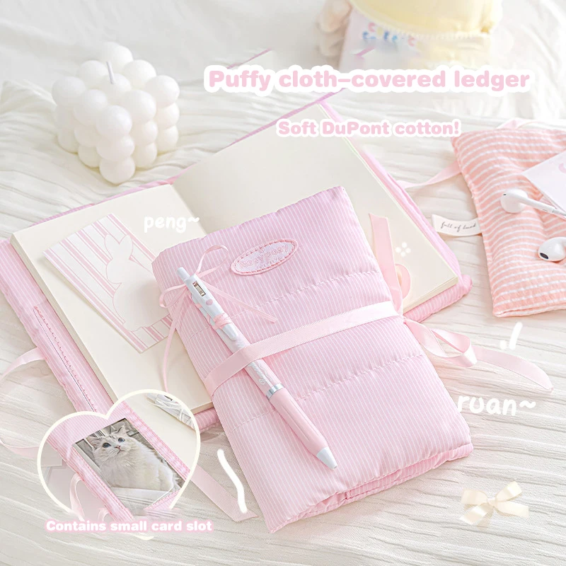 Manual con cordones y lazo para niña, cuaderno de cinta de lona rellena de algodón de aspecto alto, manual para niña, papelería escolar Kawaii