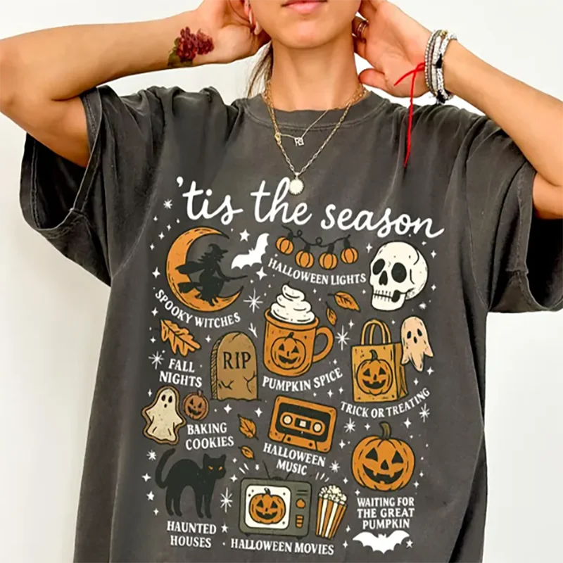 

Женская винтажная удобная цветная футболка на Хэллоуин Tis the Season, ретро эстетичная повседневная рубашка с рисунком тыквы и ведьмы