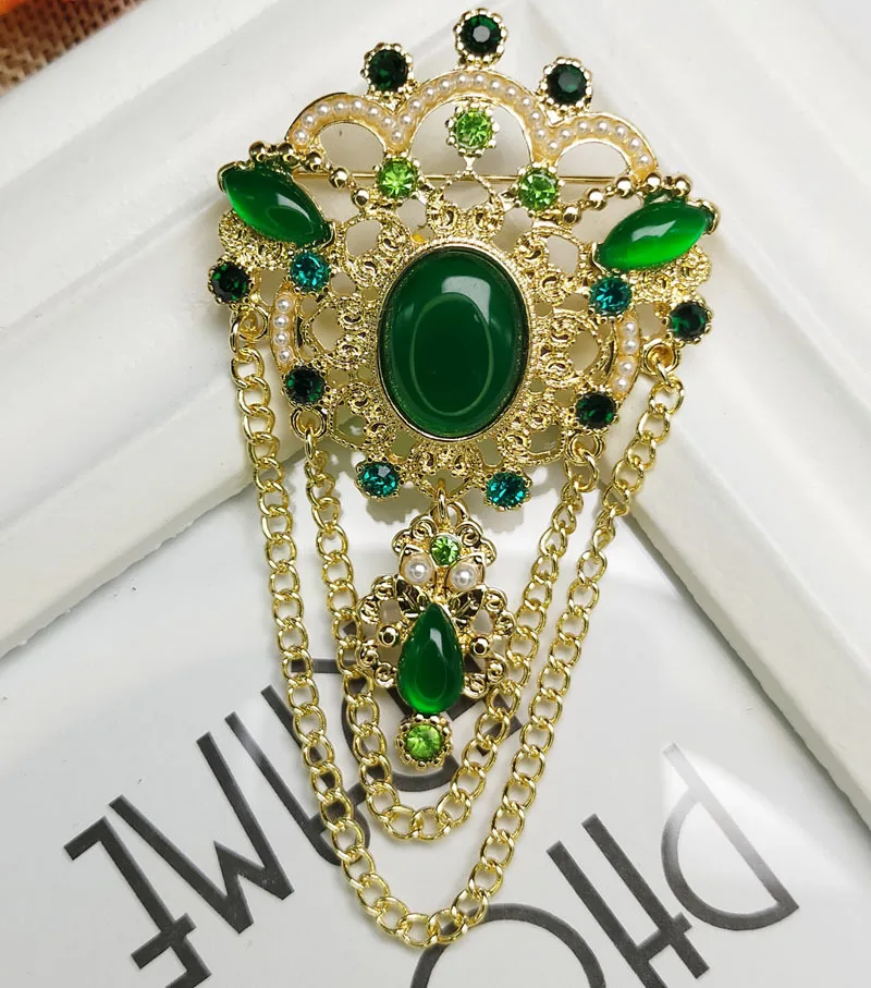 Vintage Women Baroque Emerald Big Rhinestone Chains Brooches Earrings Bohemian Elegant Lady Crystal Party Pins Badges Ear Rings