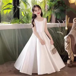 White satin dress for girls Children piano performance Fashion Princess dress dress for show Host dress Summer