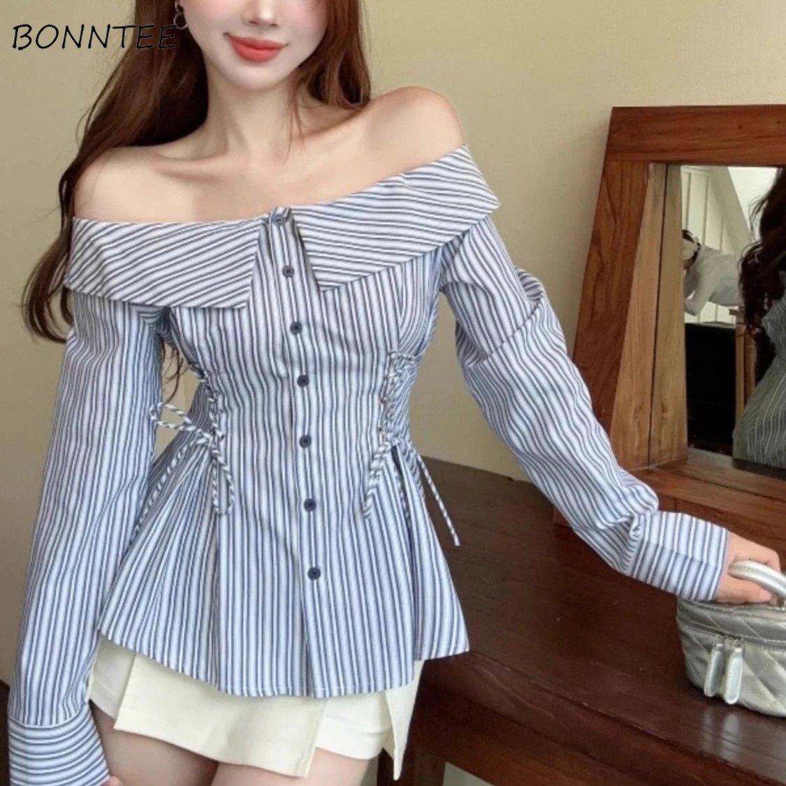 

Shirts Women Slash Neck Lace-up Striped Long Sleeve Spring Summer Sun-proofed Korean Style Chic Personality Tender Stylish Ins