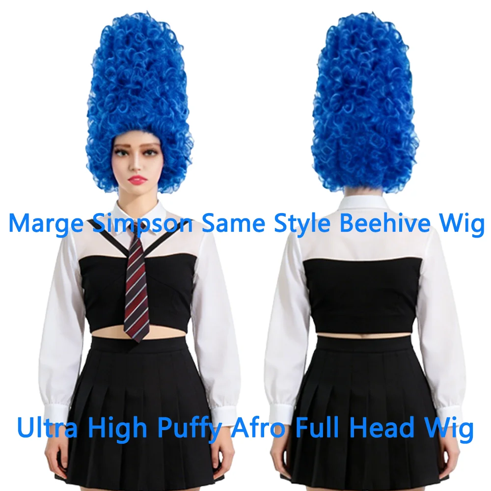 Marge Simpson Cosplay Wig Bright Blue Tall Top Beehive Afro Wig For Halloween Comic Con Party Heat Resistant Synthetic Hair