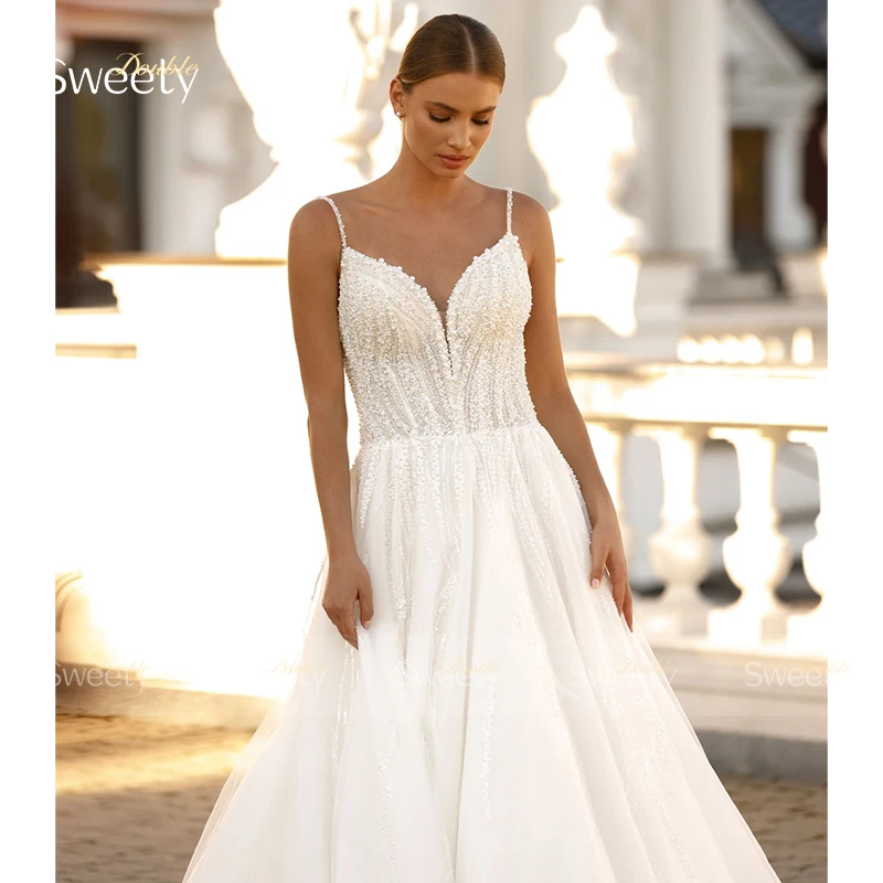 

Elegant Wedding Dress Organza With Embroidery A-Line Length Ballgown Customized V-Neck Spahrtti Strap Sleeveless Robe De Mariee