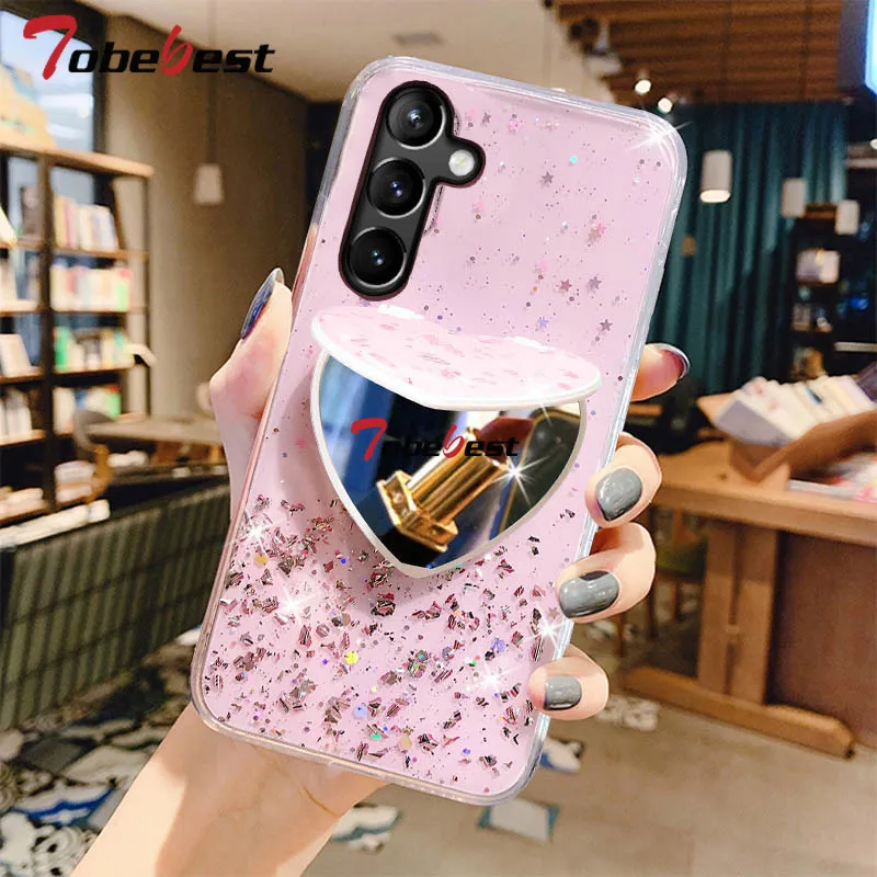 Glitter Heart Mirror Phone Holder Case For Samsung Galaxy A16 A26 A36 A56 A06 A15 A25 A35 A55 A14 A25 A35 A54 A05 4G 5G Cover