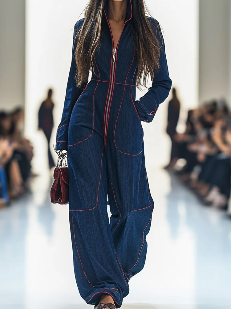 

Spring Autumn Zipper Patchwork Chic Jumpsuits, Women Casual Long Sleeve Fashion Playsuits, 2025 Wide Leg Pants Ladies Bodysuits
