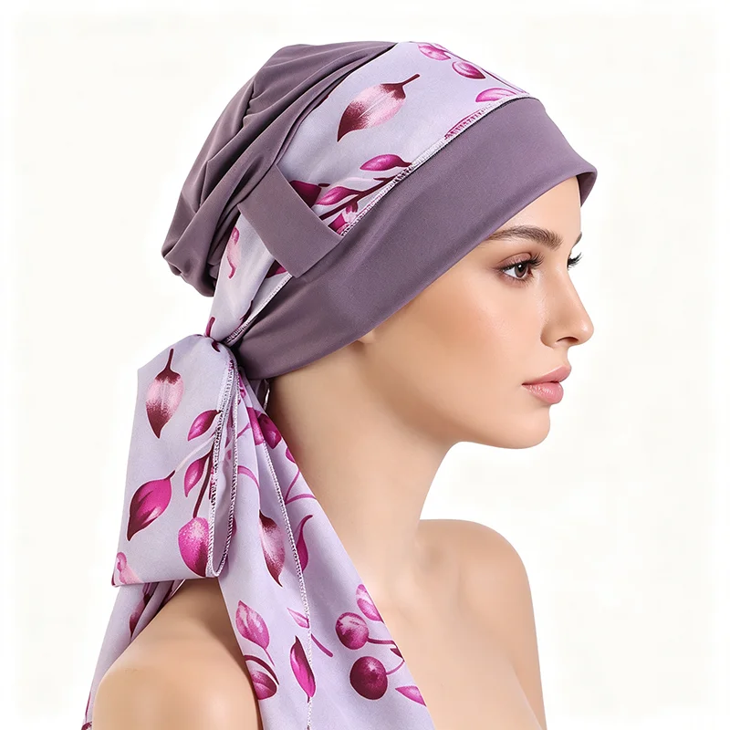 Neuer Muslimischer Hijab für Frauen, Bedruckter Stretch-Turban, Vorgebundene Chemo-Mütze, Bandana, Kopftuch für Krebspatienten und Haarausfall – Detail 15