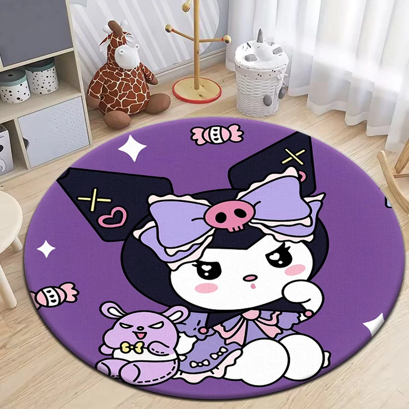 Sanrio Kuromi Cartoon HD Printed Round Carpet for Living Room Rugs Camping Picnic Mats Flannel Anti-Slip Rug Yoga Mat Gifts