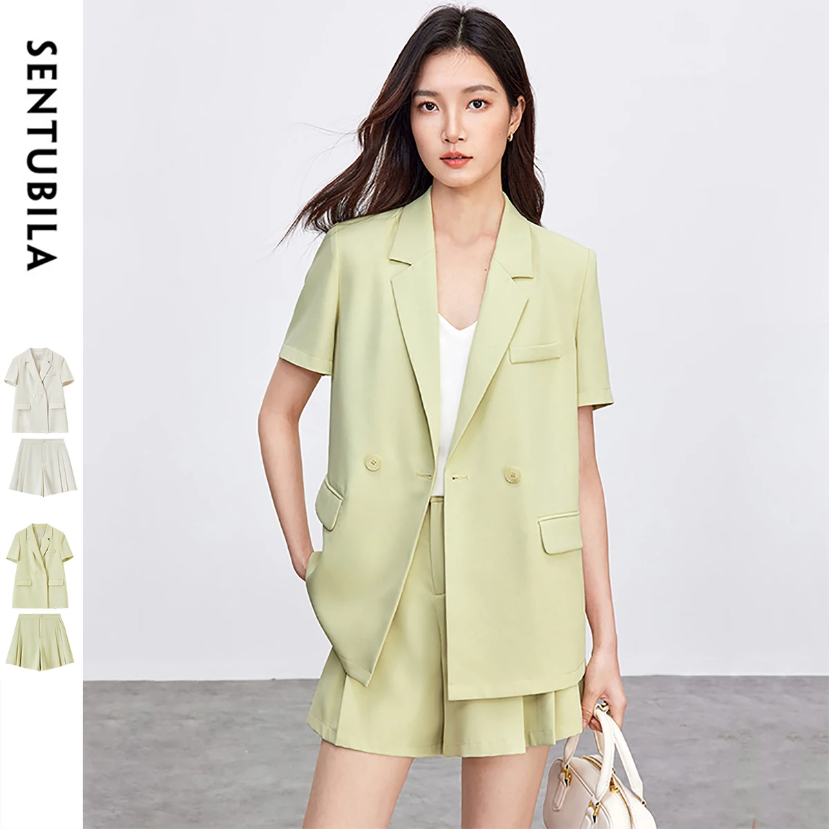 

SENTUBILA Women's Two Piece Sets Notched Short Sleeve Workwear Blazers Folds High-waist Short New in Matching Sets 152Z59326