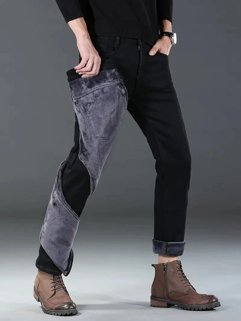 

Мужские модные плюшевые брюки, зимние флисовые толстые теплые джинсы, высококачественные тонкие прямые эластичные джинсовые брюки, повседневная мужская одежда