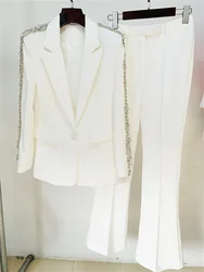 Conjunto de pantalones formales de lujo para mujer, Blazer ajustado de cristal de diamante blanco y negro, pantalones acampanados, traje de oficina para mujer, conjuntos de negocios de dos piezas