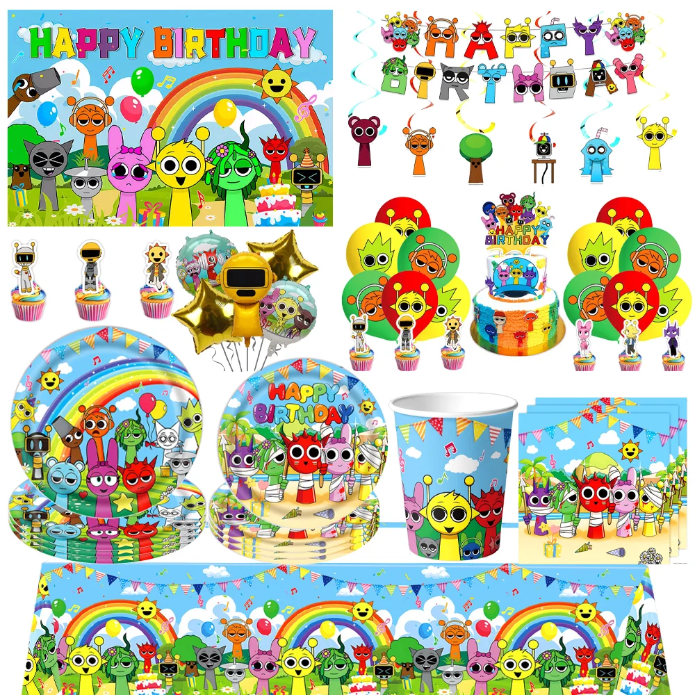 Sprunki Theme Birthday Party Decoration Balloon Stickers Tableware Paper Cup Plate Banner for Kids Baby Shower Party Supplies