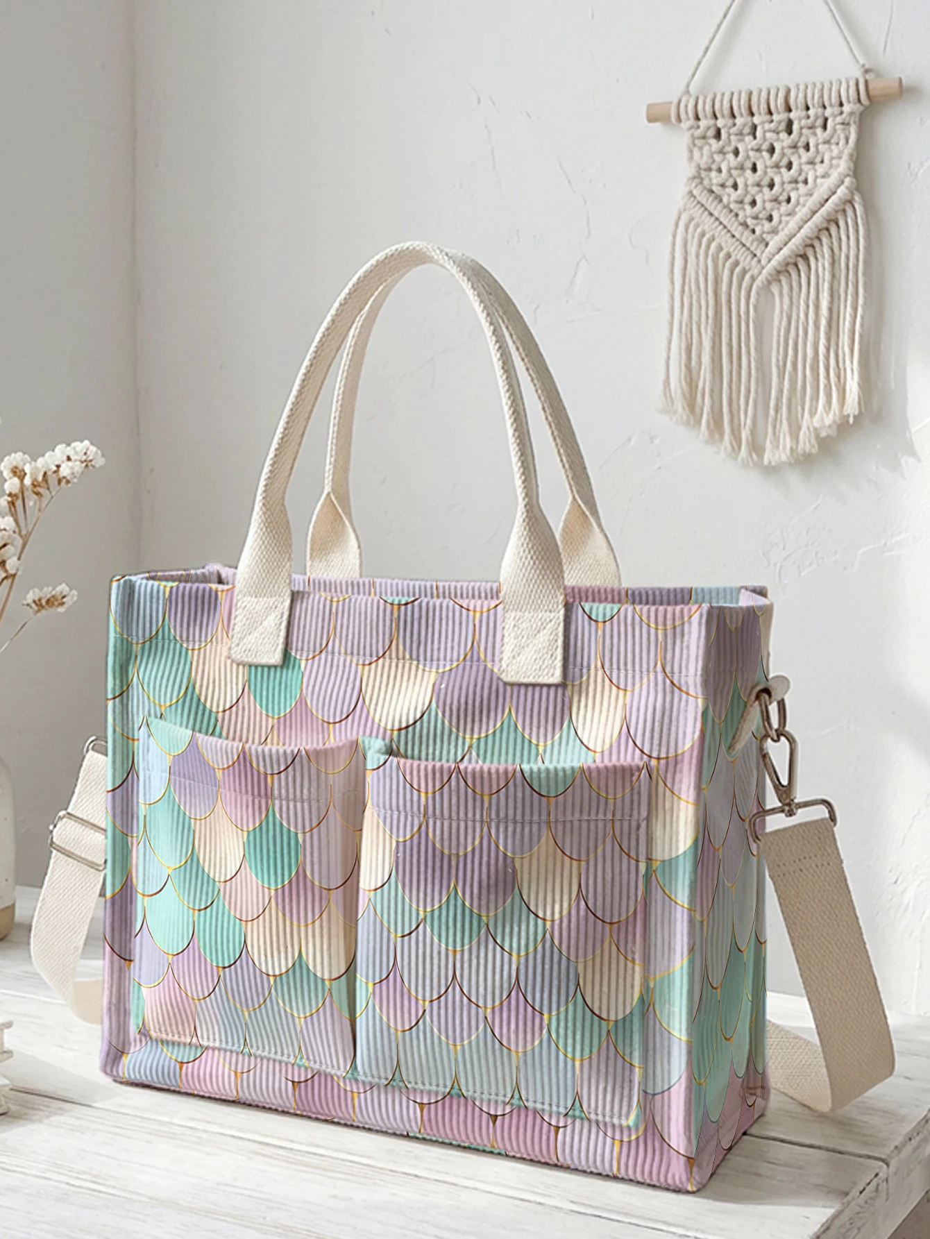 

Пастельная сумка-тоут из вельвета с принтом чешуи русалки, большая вместимость, много карманов, для любителей русалок, сумка через плечо для поездок на работу