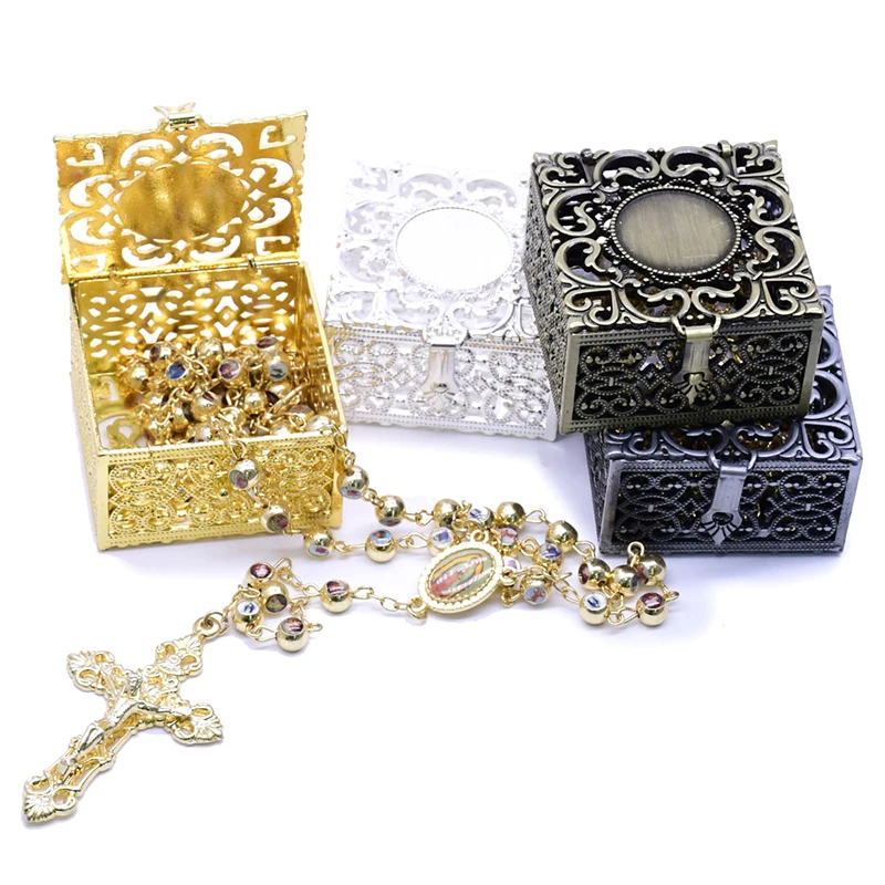 Rosary Bead Box Necklace Metal Christian Catholic Religious Jewelry Case Storage Necklaces Packing Box Gift New