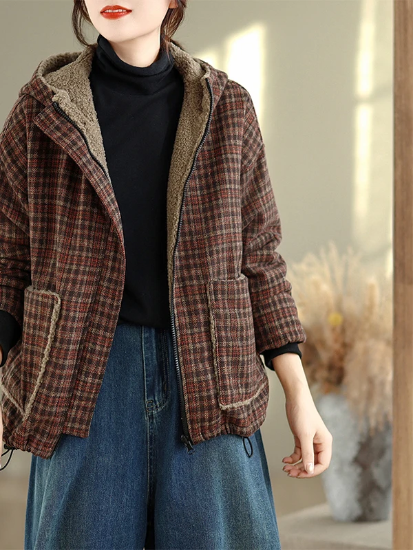 

Retro Plaid Double-Sided Wearable Hooded Cotton Jaet Women's Winter New Casual Versatile Anti-Aging Thi Warm Cotton Coat