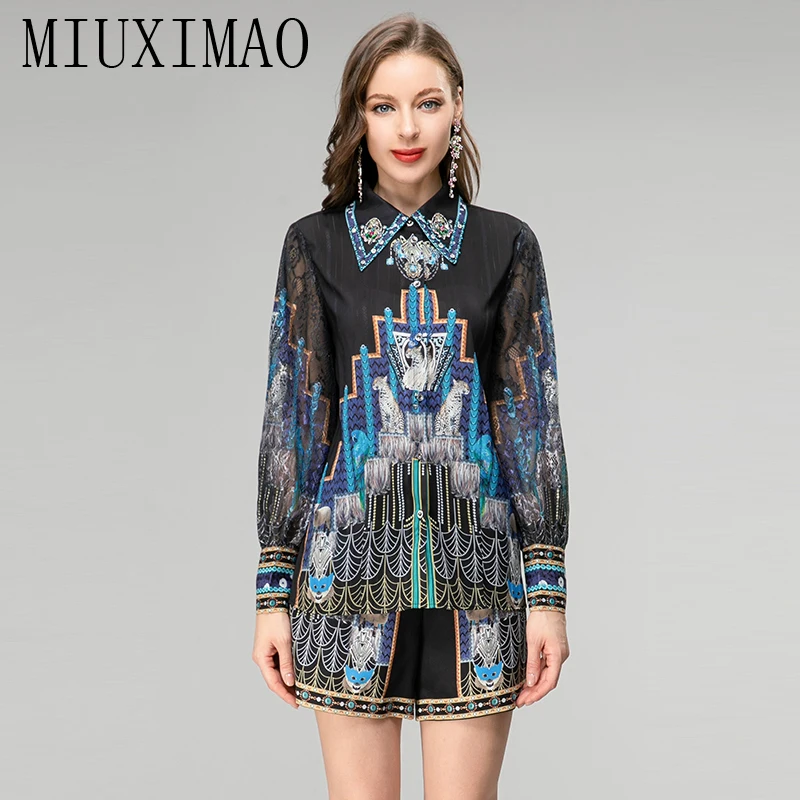 MIUXIMAO 2023 High Quality Spring&Summer Elegant Set Long Sleeve Lapel Print Shirt+Short Fashion Two-piece Set Women Vestides