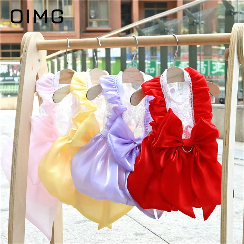 

OIMG 2023 Spring Summer Flowing Yarn Bowknot Dress Pet Clothing Cat Dog Princess Skirt Teddy Bichon New Flying Sleeve Clothing