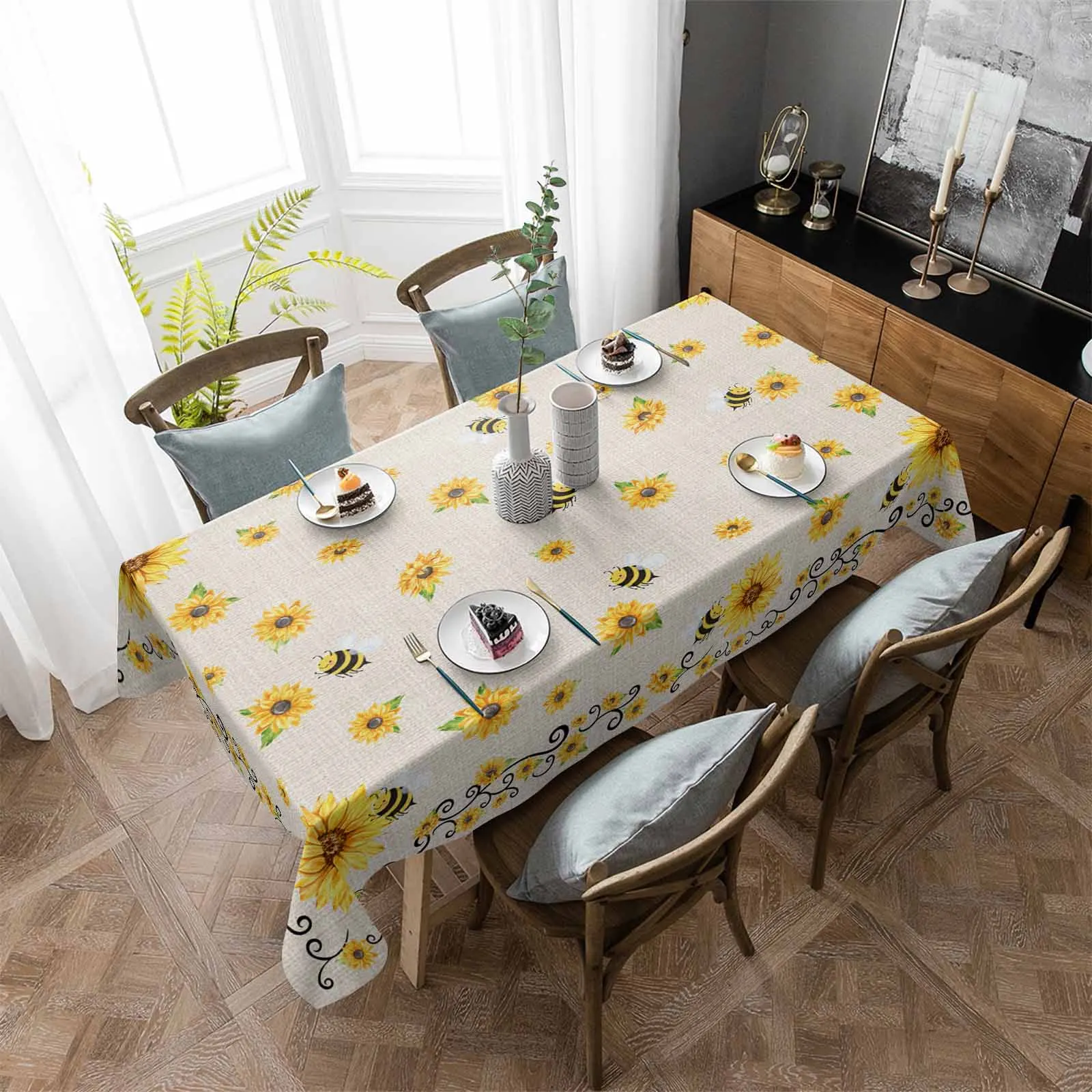 

Summer Sunflower Bee Waterproof Tablecloth Party Decorations Supplies Rectangle Table Cloth for Kitchen Table Decor