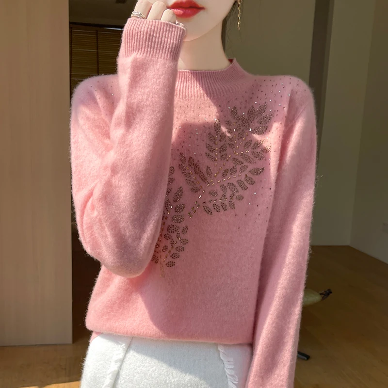 เสื้อฮู้ดไหมพรมขนสัตว์ออสเตรเลียแท้ คลาสสิกสำหรับผู้หญิง แขนยาว คอกลม ประดับเพชร ดีไซน์ลำลอง คุณภาพสูง อุ่นสบาย