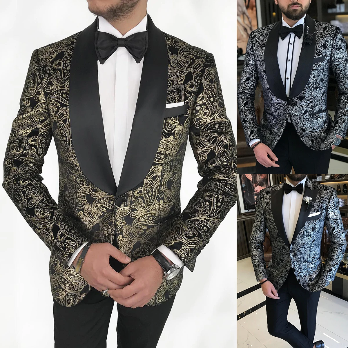 Poplin Printing Men Suits Tuxedo Fashion Shawl Lapel One Button Pockets Customized 2 Pieces Blazer Black Pants Tailored Handsome