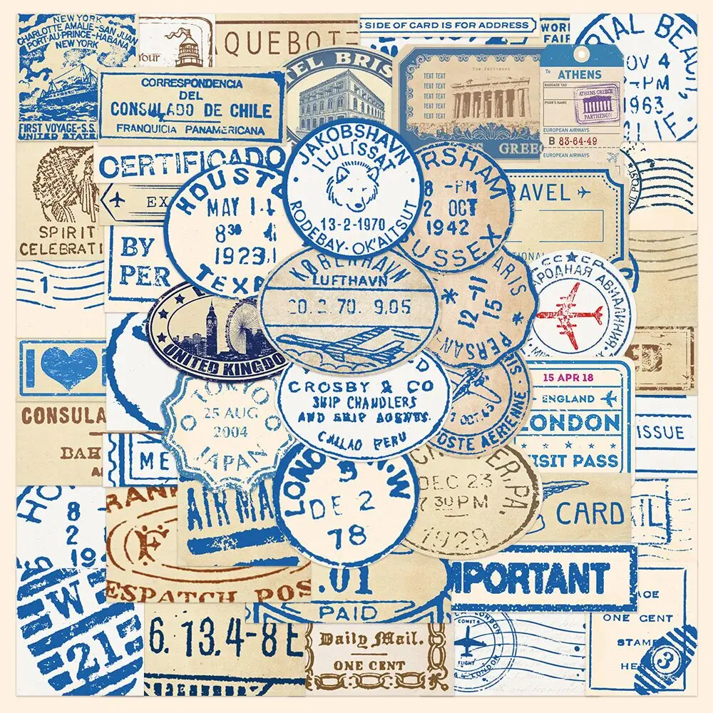 10/50pcs Vintage Postmark Travel Stickers Retro Letterhead Stamp Seal Decals DIY Suitcase Luggage Trolley Case Graffiti Sticker