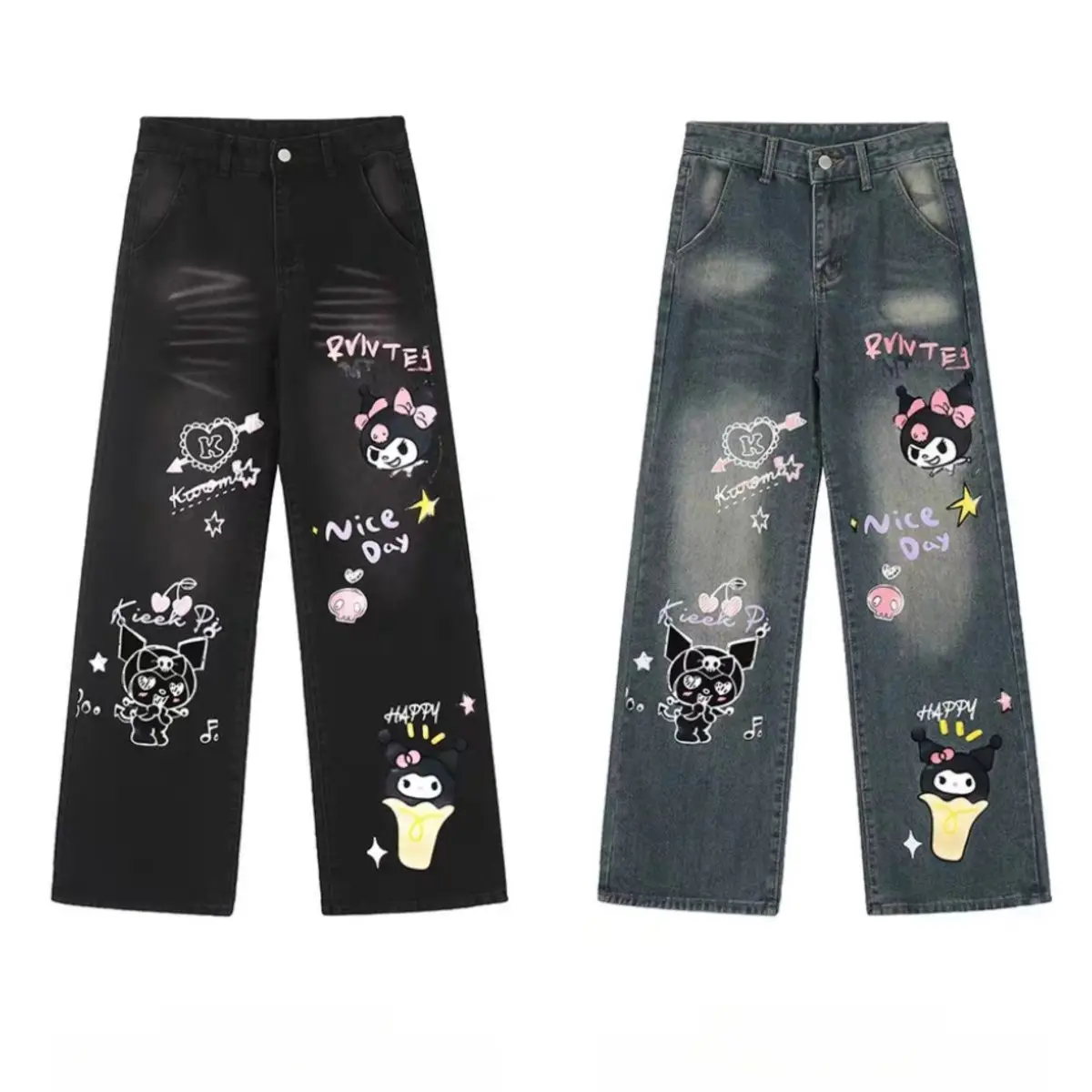 Kuromi Micro La Jeans Women\'s Summer New Cartoon High Waist Loose Slim Wide Leg Pants Kuromi Birthday Gift