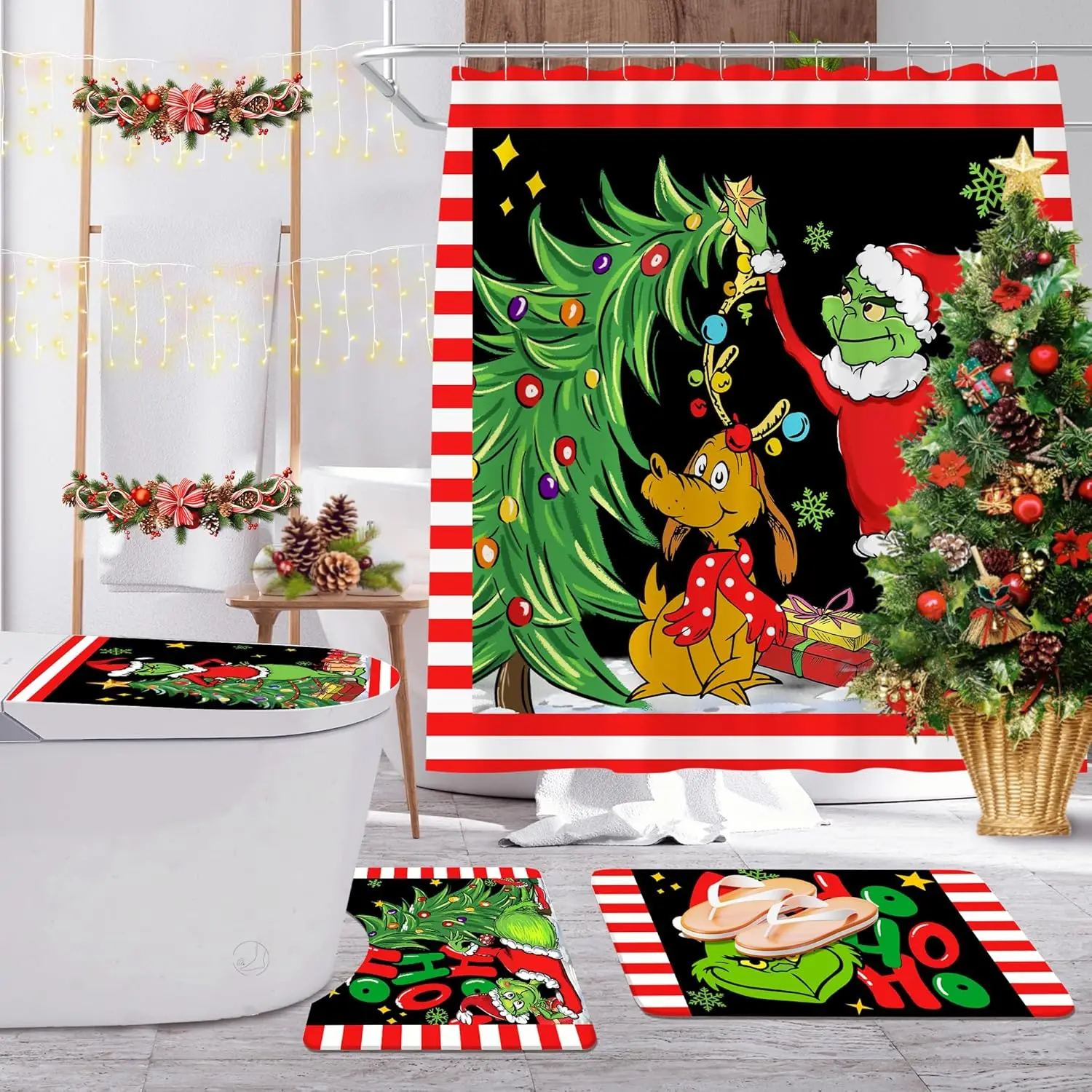 

Christmas Shower Curtain for Bathroom Set, Christmas Bathroom Decor 4 PCS Black, Winter Xmas Set, Non-Slip Rug, Toilet Lid Cover