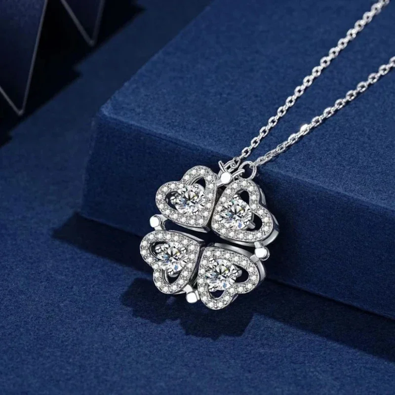 

1.2ct D Color Moissanite Four Clover Flower Necklace Women Silver 925 Jewelry Mosan Love Heart Foldable Necklaces Pass Tester